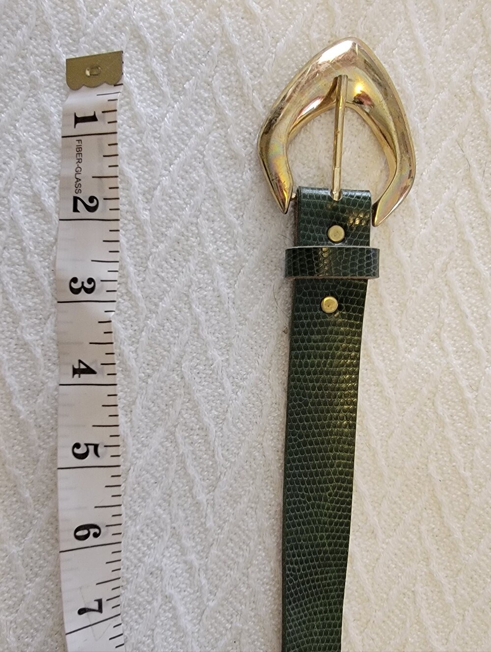 Vintage Green Lizard-Textured Leather Like Belt with Gold Buckle